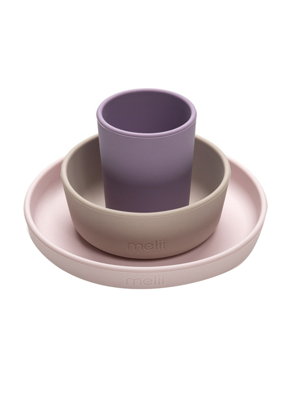 Melii Silicone Feeding Set, 3 Pieces, Purple/Pink/Grey