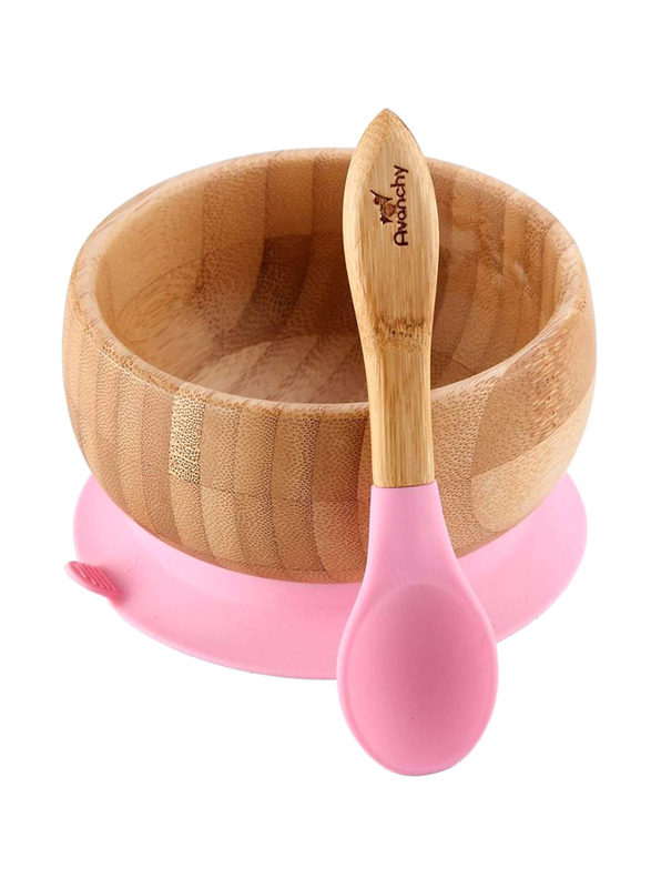 Avanchy Bamboo Stay Put Suction Bowl and Spoon, Pink