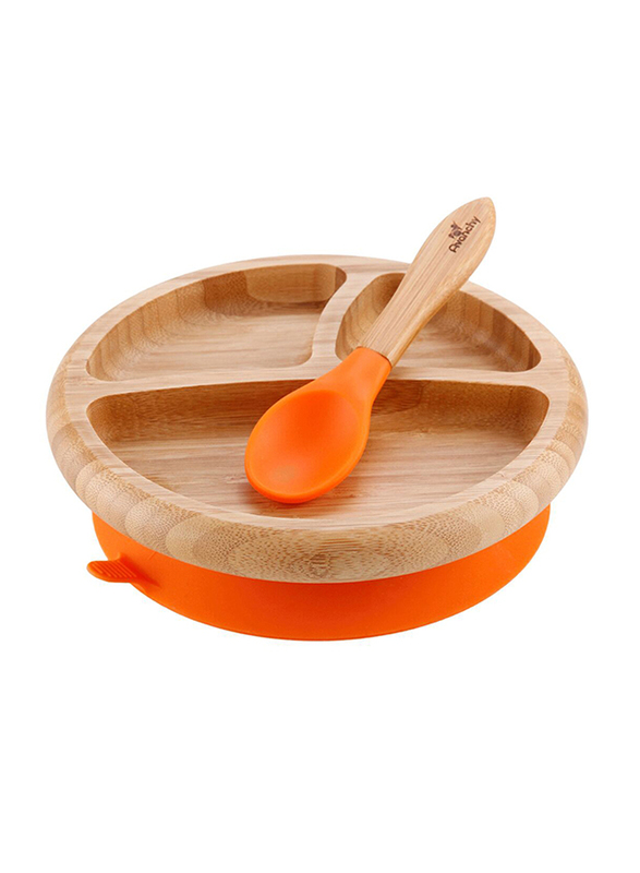 Avanchy Bamboo Suction Classic Plate and Spoon, Brown/Orange