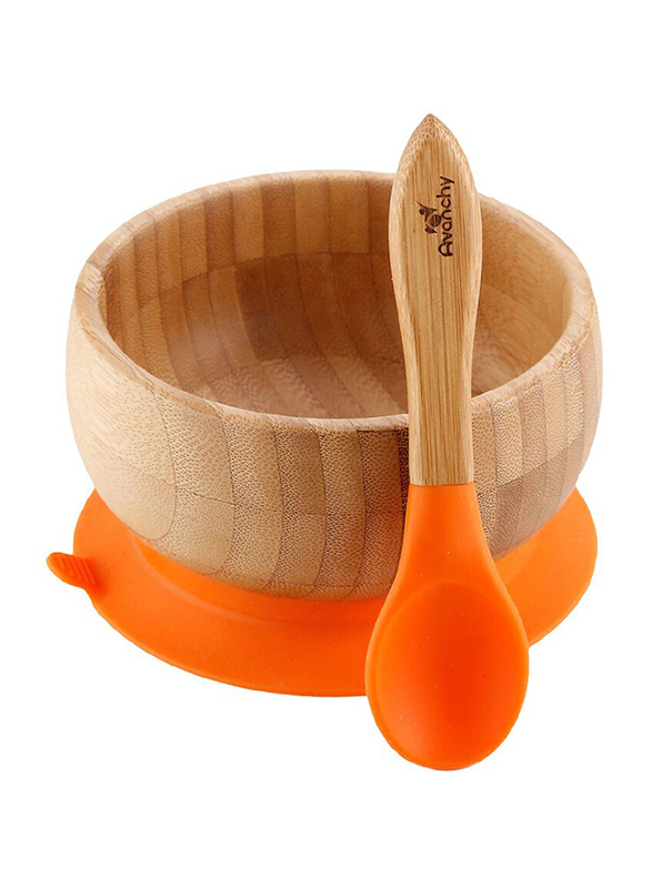Avanchy Baby Bamboo Stay Put Suction Bowl and Spoon, Brown/Orange