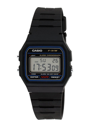 Casio Youth Digital Watch for Men with Resin Band, Water Resistant, F91W, Black-Black