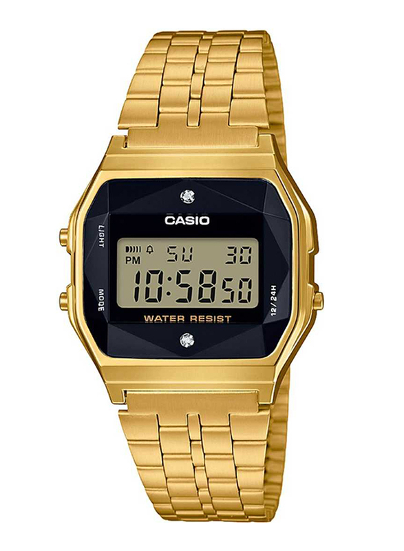 Casio Vintage Digital Watch for Men with Stainless Steel Band, Water Resistant and Diamond Studded on Dial, A159WGED-1DF, Gold-Black