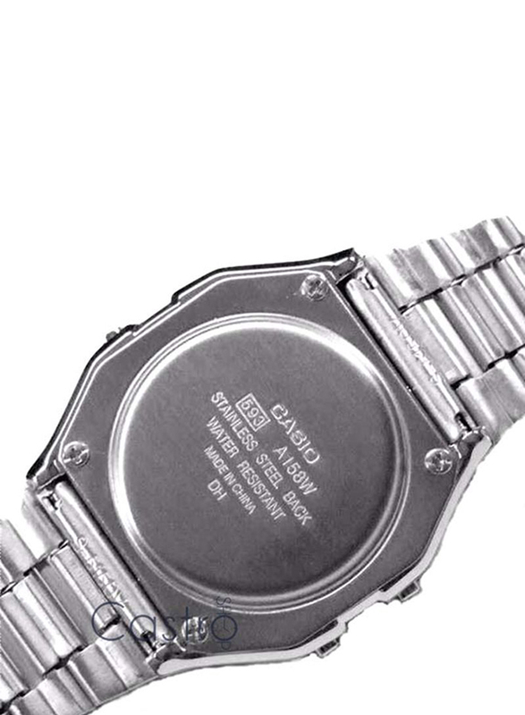 Casio Formal Digital Watch for Men with Stainless Steel Band, Water Resistant and LED Light, A158WA, Silver-Black/Grey