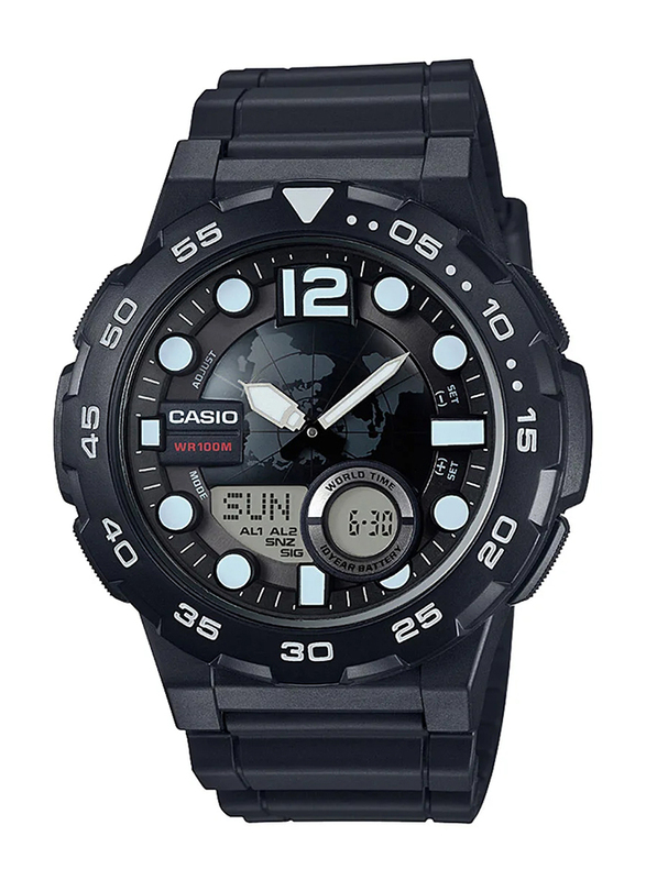 Casio Youth Series Analog/Digital Watch for Men with Resin Band, Water Resistant, AEQ-100W-1AVEF, Black-Black/White