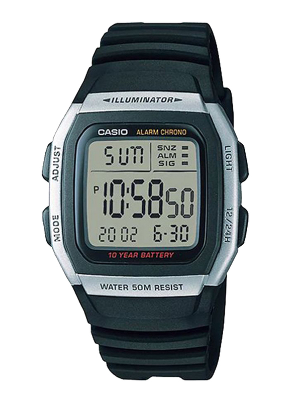 Casio Youth Digital Watch for Men with Resin Band, Water Resistant, W-96H-1A, Black-Grey/Silver