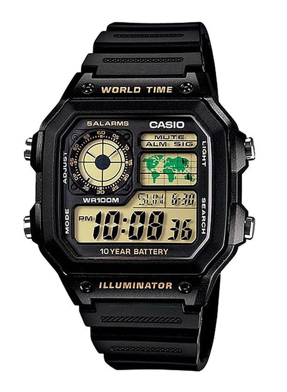 Casio Youth Series Digital Watch for Men with Resin Band, Water Resistant, AE-1200WH-1BV, Black-Black/Green