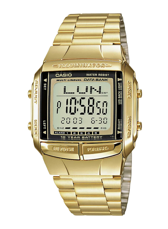 Casio Data Bank Digital Watch for Men with Stainless Steel Band, Water Resistant, DB360G-9A, Gold-Grey