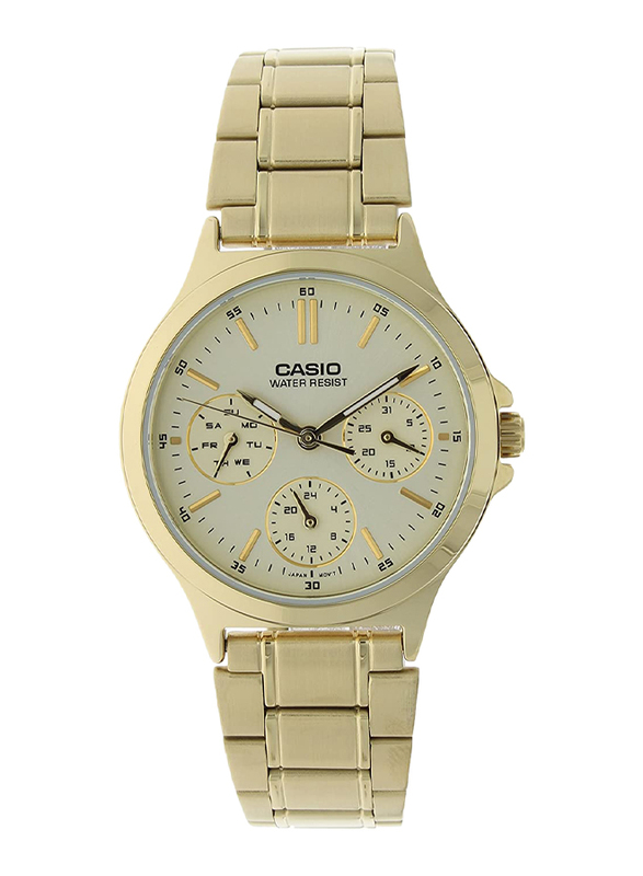 Casio Analog Women Watch with Stainless Steel Band, Water Resistant and Chronograph, LTP-V300G-9AUDF, Gold-Off White