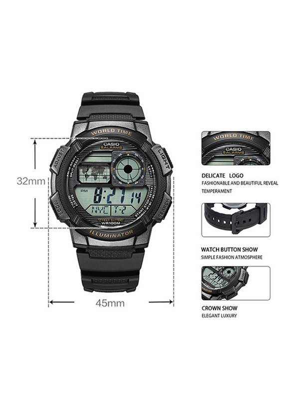 Casio Youth Series Digital Watch for Men with Resin Band, Water Resistant, AE-1000W-1AV, Black