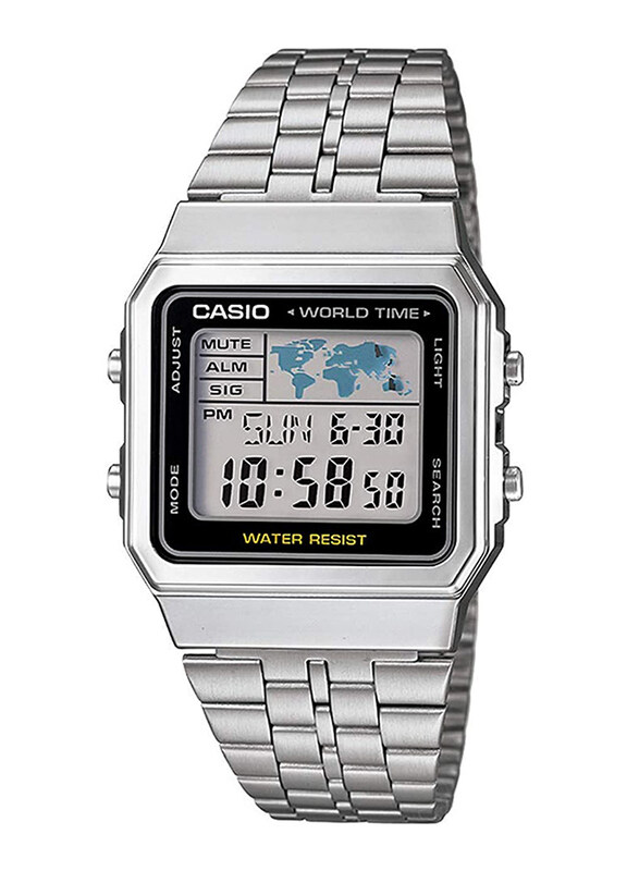 

Casio Vintage Digital Quartz Watch for Men with Stainless Steel Band, Water Resistant, A500WA-1, Silver-Black/Grey