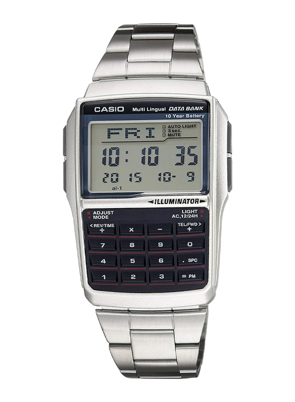Casio Data Bank Digital Watch for Men with Stainless Steel Band, Water Resistant, DBC-32D-1ADF, Silver-Black