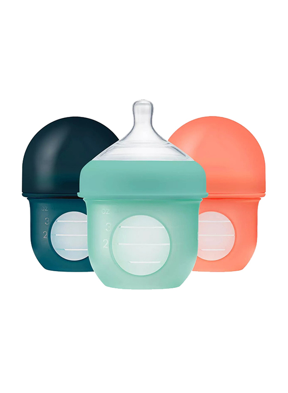 Boon Nursh Reusable Silicone Pouch Bottles, 4oz, 3Pieces, Orange/Blue