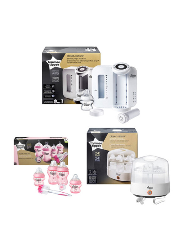 

Tommee Tippee Closer to Nature Perfect Prep Milk Formula Machine with Electric Steam Steriliser & Feeding Bottle Starter Set, White/Pink