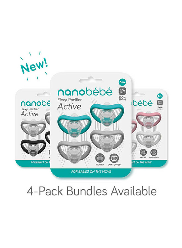 Nanobebe Flexy Pacifier for 3 Months+, 4 Pieces, Grey/Teal