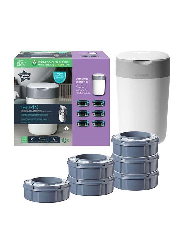 

Tommee Tippee 7-Piece Twist and Click Advanced Nappy Bin Starter Set with 6x Refill Cassettes, White