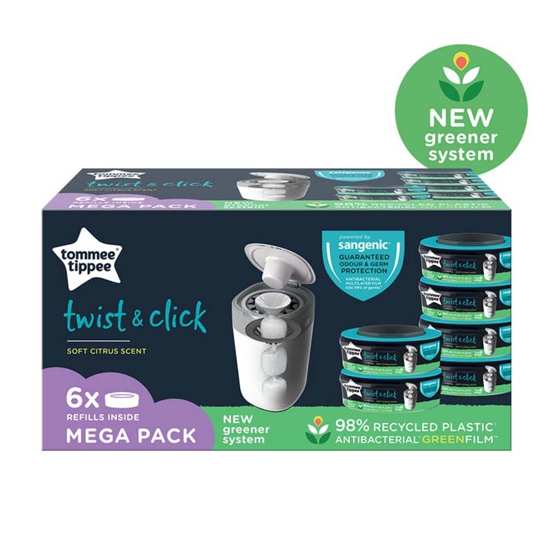 Tommee Tippee Twist and Click Advanced Nappy Disposal Sangenic Tec Refills, 6 Piece, Silver