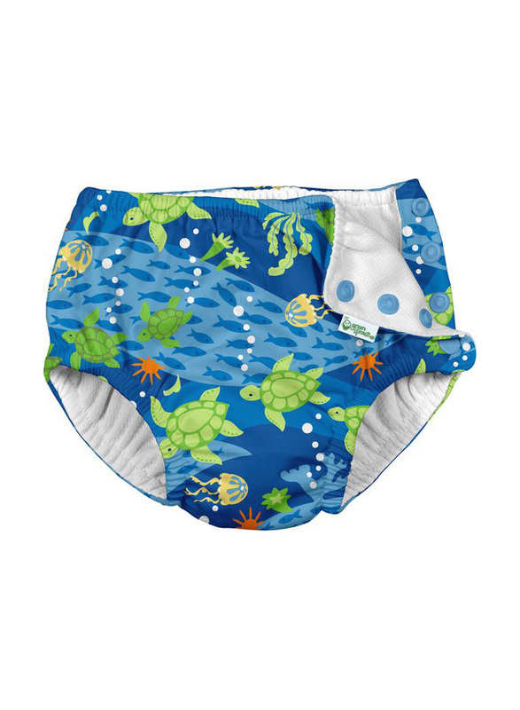 Green Sprouts Snap Reusable Absorbent Swimsuit Royal Blue Turtle Journey Diaper, 6 Months, 1 Count