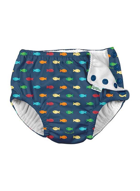 Green Sprouts Snap Reusable Absorbent Swimsuit Navy Fish Geo Diaper, 6 Months, 1 Count