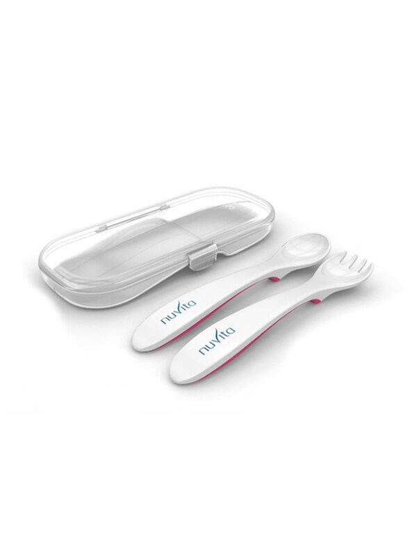 

Nuvita Easy Eating Plastic Spoon & Fork with Box Set, 2 Piece, White/Pink