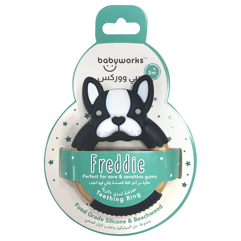Babyworks Boxer FrenchieTeething Ring for Kids, Charcoal/White
