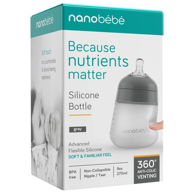 Nanobebe Flexy Silicone Feeding Bottle, 270ml, Grey