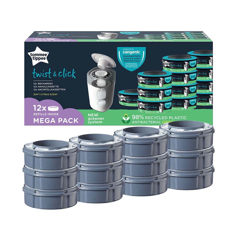 

Tommee Tippee Twist and Click Advanced Nappy Disposal Sangenic Tec Refills with Sustainably Sourced Antibacterial Greenfilm, 12 Pieces, Silver