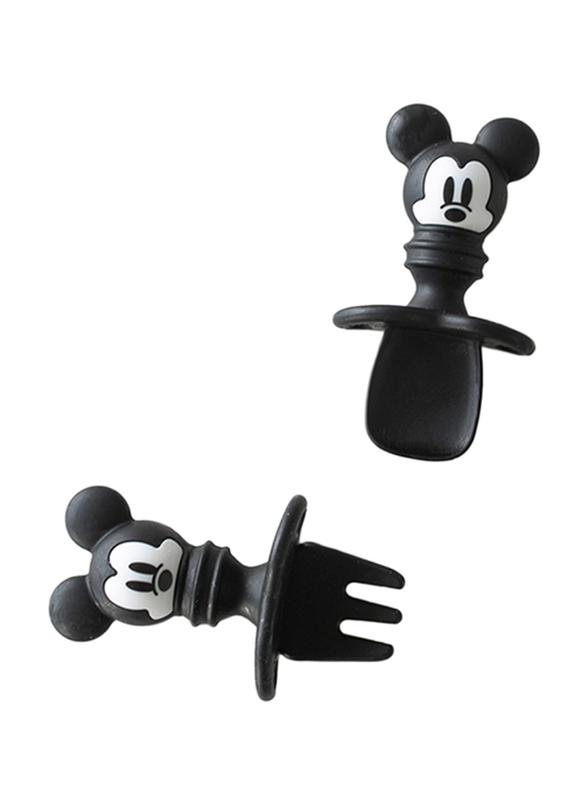 Bumkins Mickey Mouse Silicone Chewtensils, Baby Fork And Spoon Set, Black
