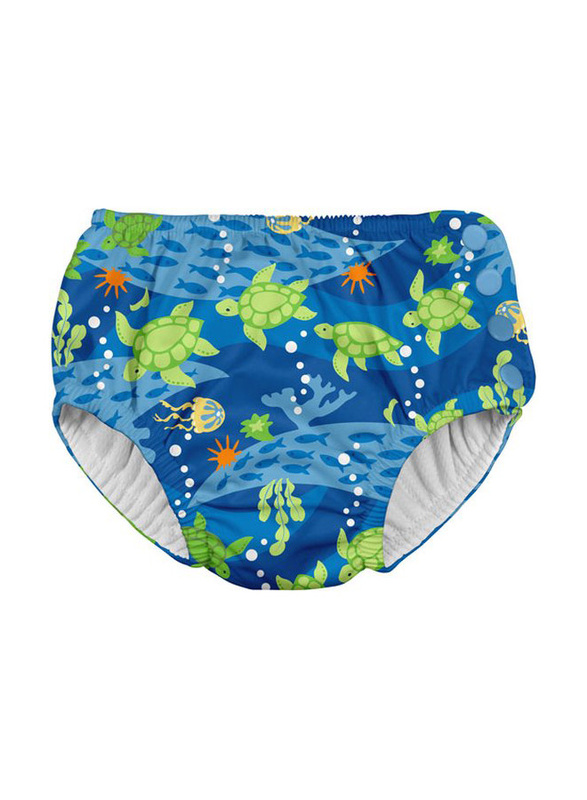 Green Sprouts Snap Reusable Absorbent Swimsuit Royal Blue Turtle Journey Diaper, 12 Months, 1 Count