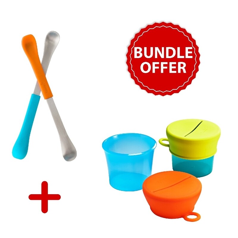 

Boon Snug Snack with two stackable containers & 2 In1 Feeding Spoon, Orange/Blue