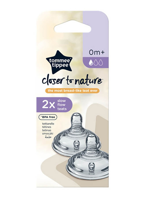 Tommee Tippee Baby Bottle Teat with Slow Flow for Ages 0+ Month, 2-Piece, Clear