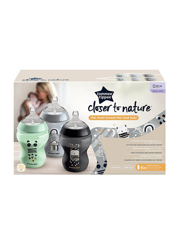 Tommee Tippee Closer To Nature Baby Bottles for Ages 0+ Month, 6 x 260ml, Multicolour