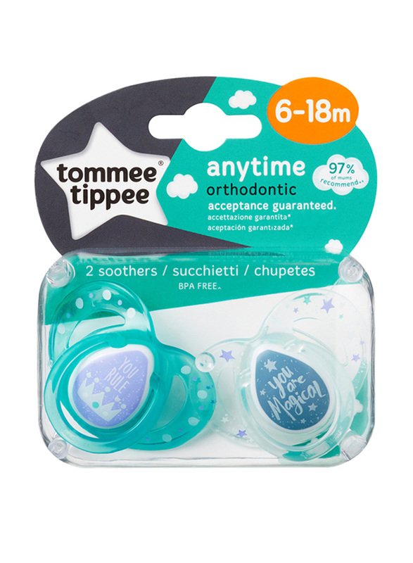 Tommee Tippee Anytime Silicone Pacifier Soother, 6-18 Months, 2 Pieces, Assorted Colour