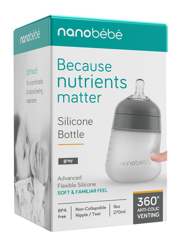 Nanobebe Silicone Feeding Bottle, 270ml, Grey