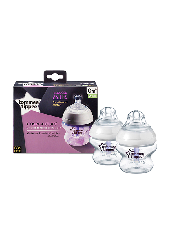 Tommee Tippee Advanced Anti-Colic Feeding Bottle with Slow Teat Unisex, 150ml, 2-Pieces, Clear