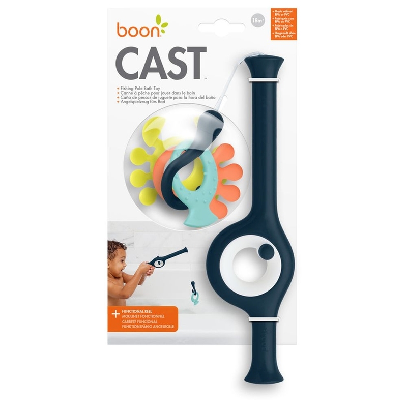 Boon 4-Piece Set Cast Fishing Pole Bath Toys for Kids, Navy Blue