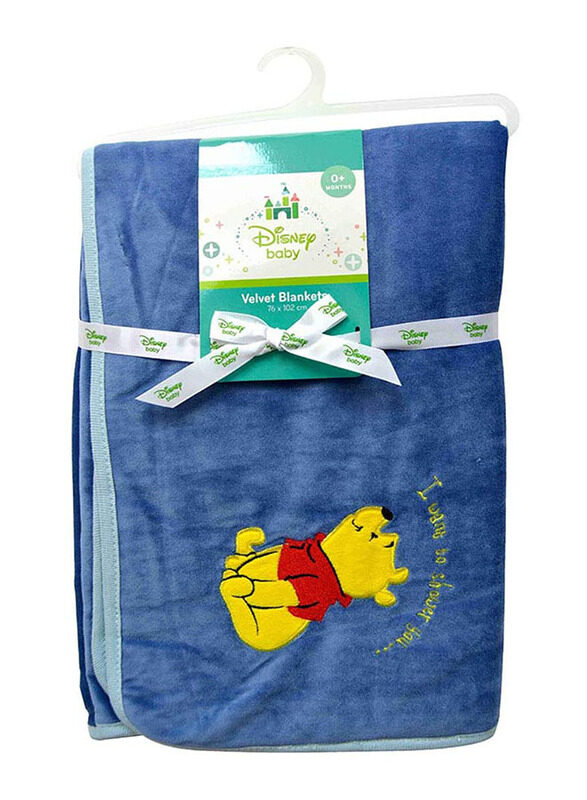 

Disney Winnie the Pooh Satin Velvet Infant Baby Stroller Blanket, 76 x 102cm, Blue