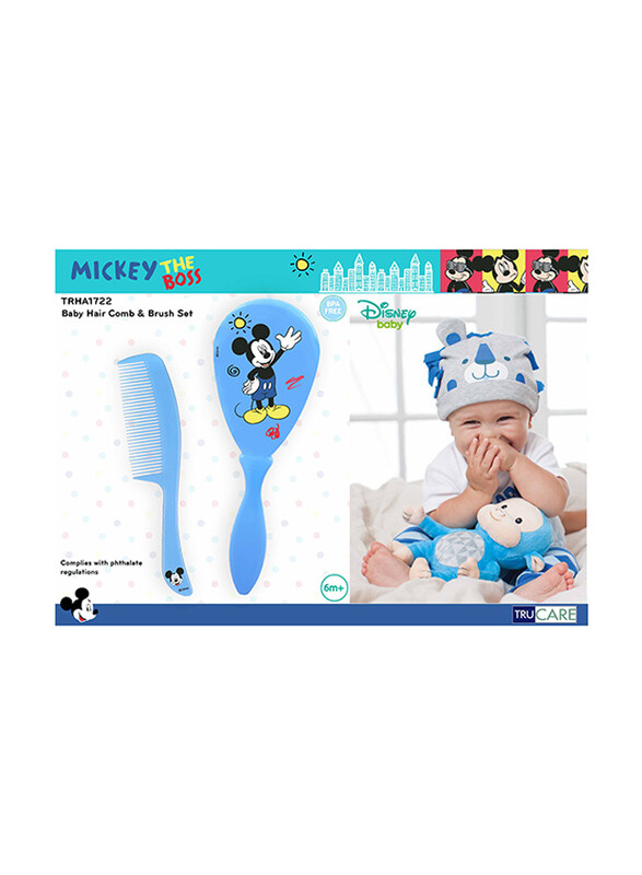 Disney 2 Pieces Comb & Soft Brush Set for Baby Boys, 6+ Months, Mickey Mouse, Blue