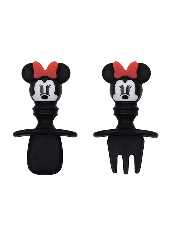 Bumkins Minnie Mouse Silicone Chewtensils, Baby Fork And Spoon Set, Black