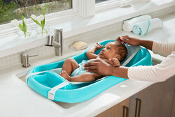 The First Year Sure Comfort Whale Sling Bath Tub for Newborn to Toddler, Blue