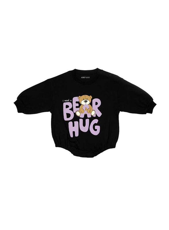 Aiko Cotton Infant Body Suit with Bear Print Onesie, 12-18 Months, Black