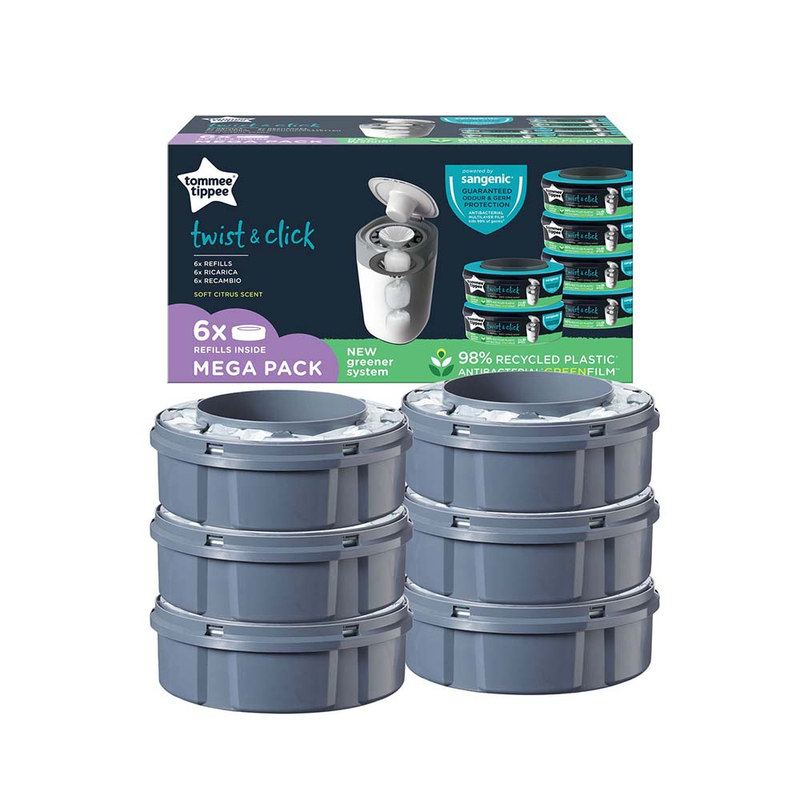 

Tommee Tippee Twist and Click Advanced Nappy Disposal Sangenic Tec Refills with Sustainably Sourced Antibacterial Greenfilm, 6 Pieces, Silver