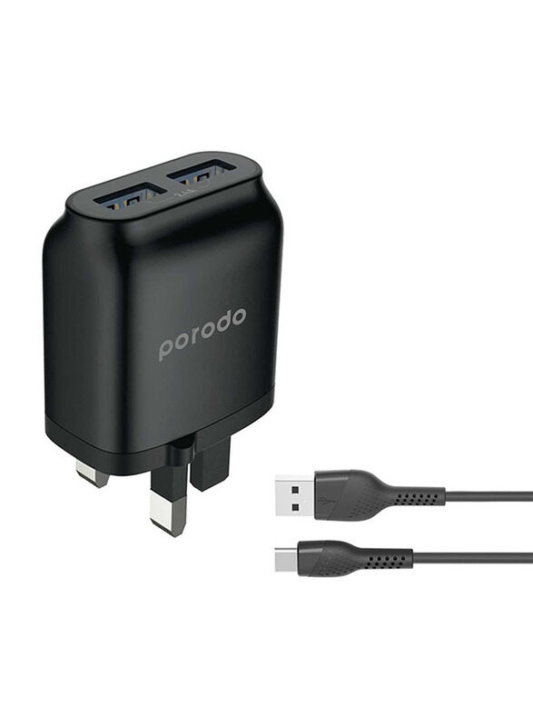 

Porodo Dual USB Wall Charger, 2.4A with 1.2-Meter Improved Version PVC USB Type-C Cable, Black