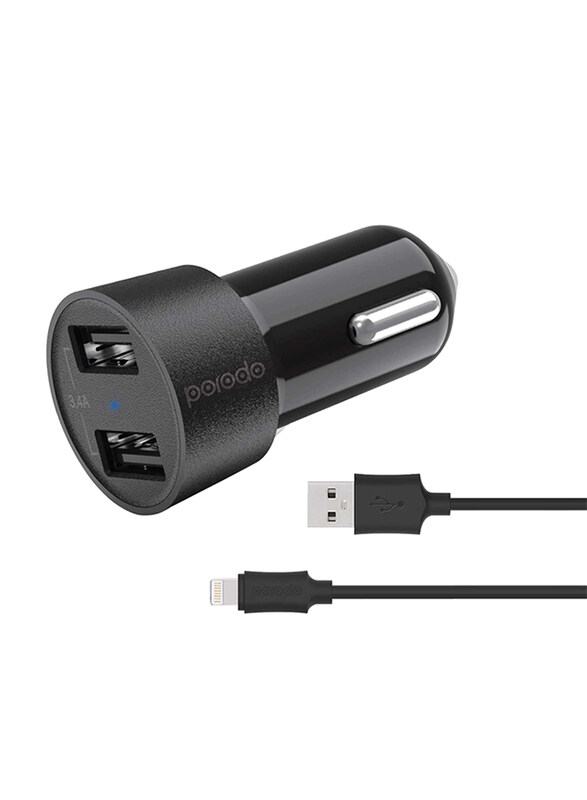 

Porodo Car Charger CE Certified, 3.4A with Dual USB & Lightning Cable, Black