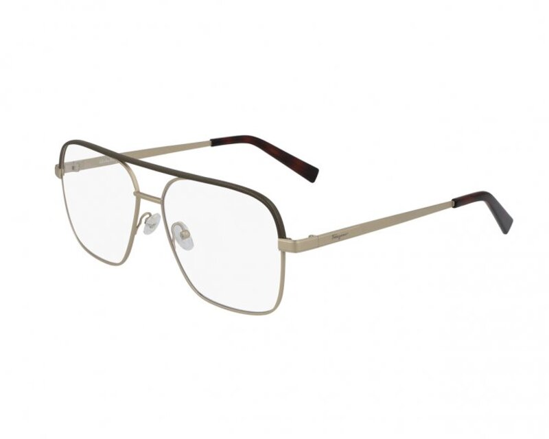 Salvatore Ferragamo Full-Rim Aviator Matte Gold/Brown Leather Eyeglasses Frames for Men, Clear Lens, SF2199L 734, 58/15/145