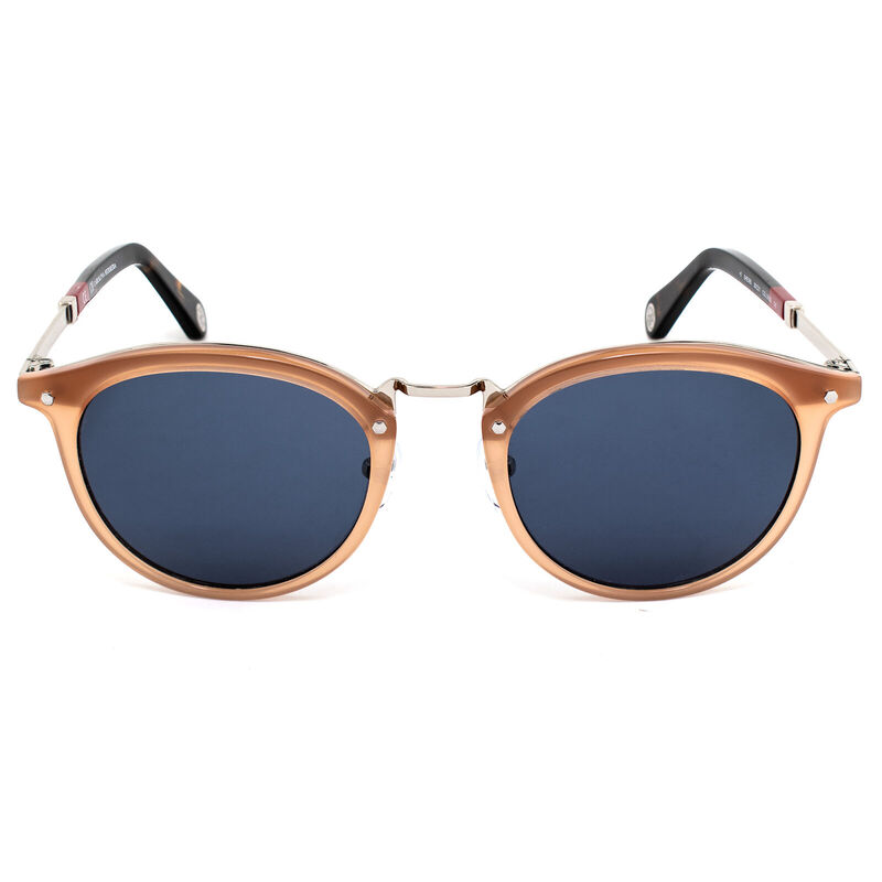 Carolina Herrera Full-Rim Round Shiny Opaline Honey/Silver Sunglasses for Women, Mirrored Blue Lens, SHE085 5009GS, 50/21/140