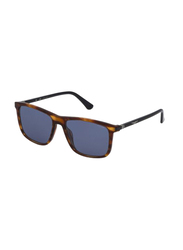 Police Origins 47 Full-Rim Square Shiny Striped Brown Sunglasses for Men, Blue Lens, SPLE05 09N3, 57/17/145