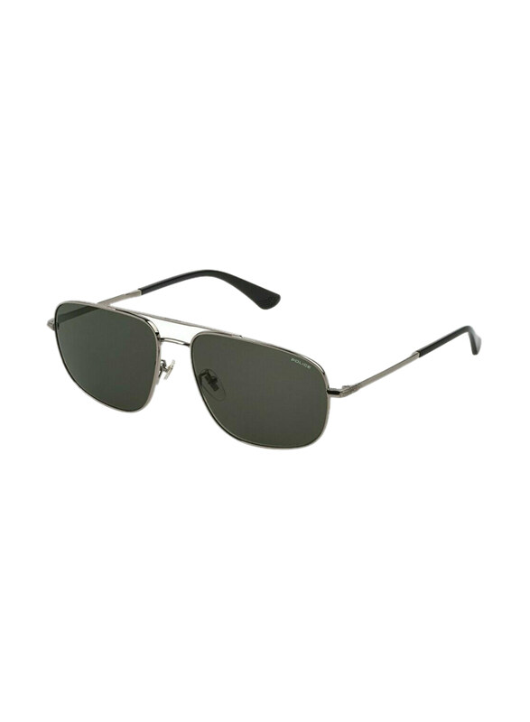 

Police Roadie 2 Full-Rim Aviator Shiny Silver and Black Sunglasses for Men, Grey Green Lens, SPLE04 0509, 58/16/145