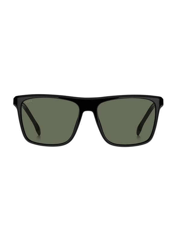Hugo Boss Full-Rim Square Black Sunglasses for Men, Green Lens, BO1375/S 80758QT