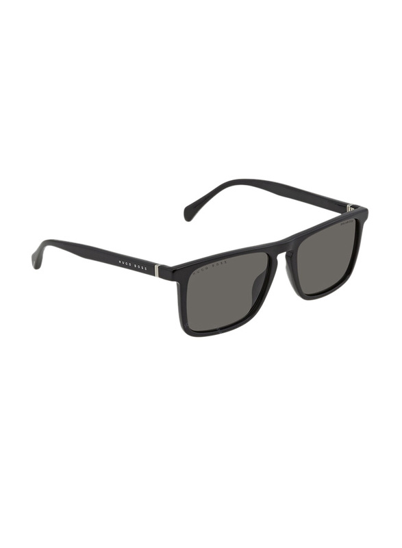 Hugo Boss Polarized Full-Rim Square Black Sunglasses for Men, Grey Lens, BOSS 1082/S/IT 0807 M9, 41/18/140