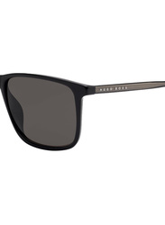 Hugo Boss Full-Rim Rectangular Black Sunglasses for Men, Grey Lens, BO1046/S/IT, 56/17/145